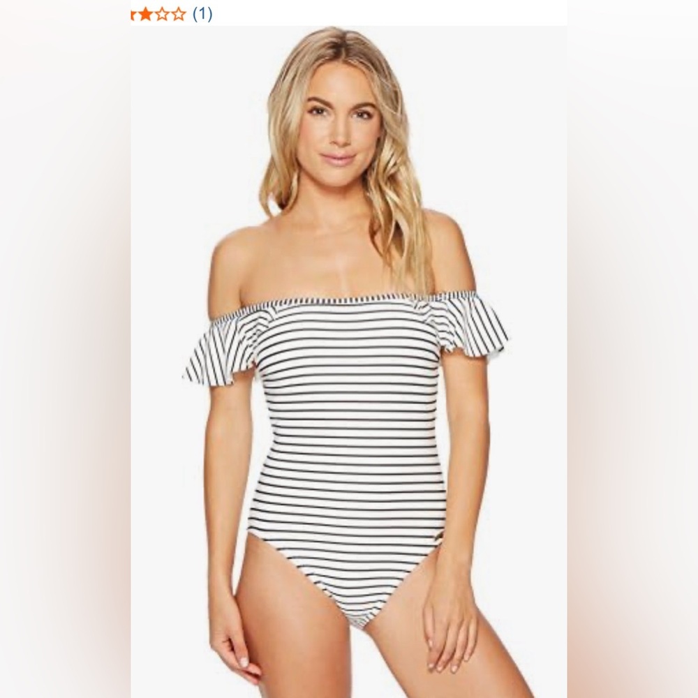 Vince Camuto Black and White Striped Off-Shoulder One-Piece Swimsuit